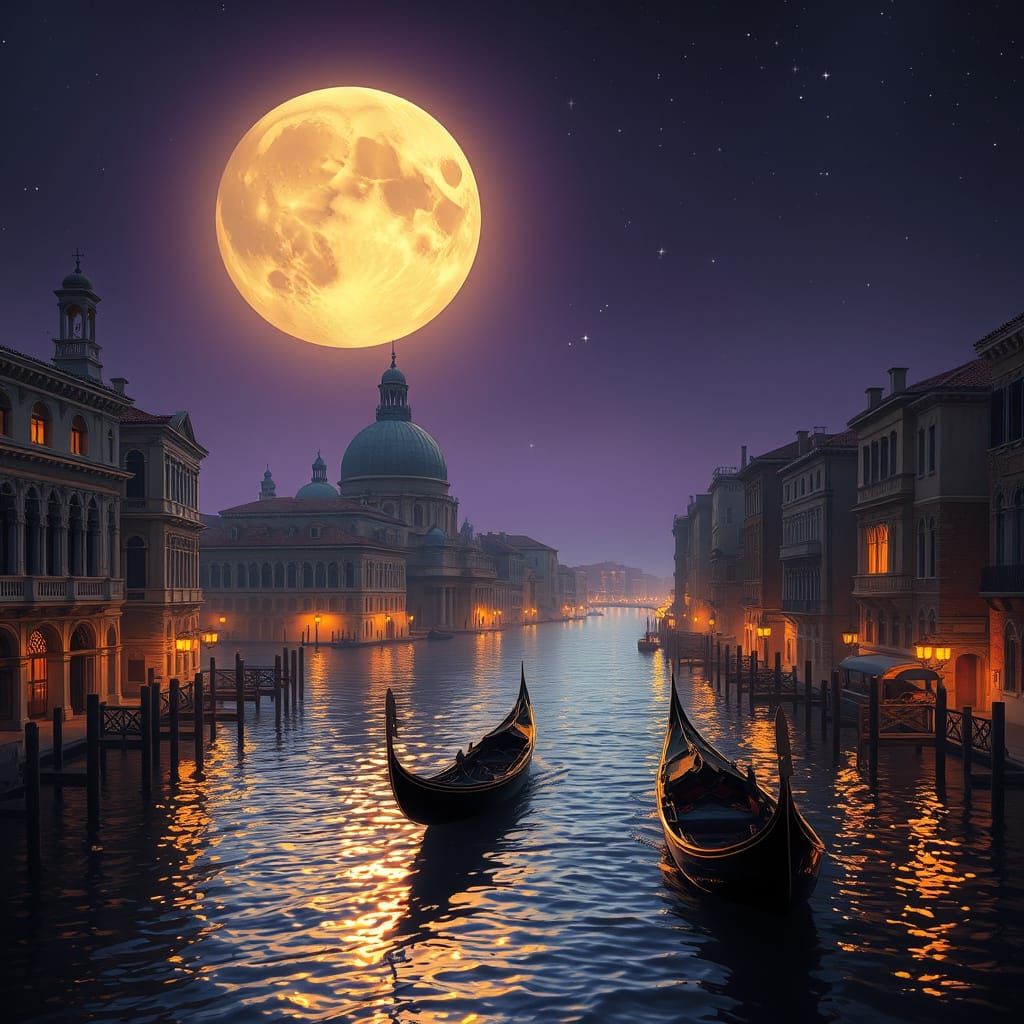 Venice Gondola Under a Luminous Moon, in Dark Fantasy Style