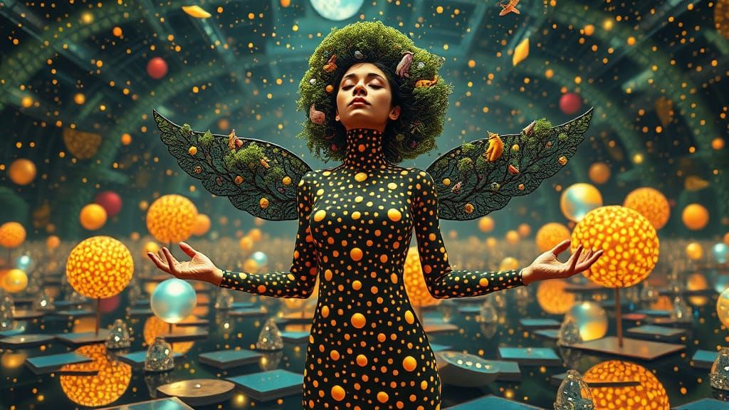 Dreamlike Ecosystems Woman in Dotted Landscape