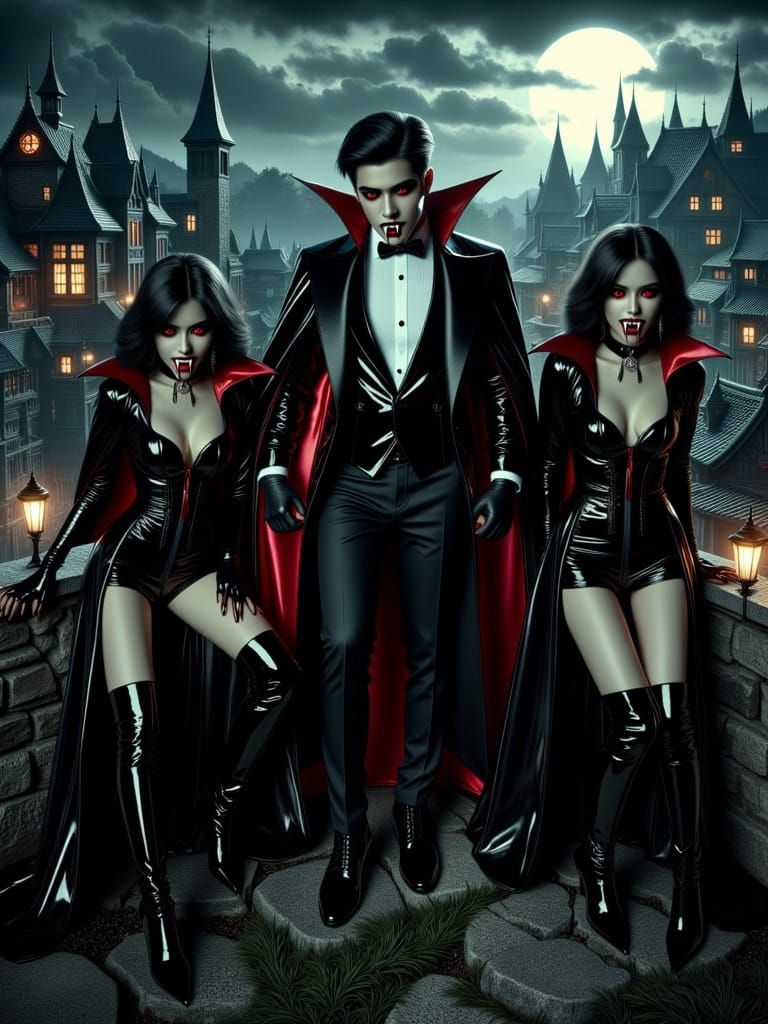 Gothic Aristocrat Vampire Surrounded by Exotic Brides in Dar...