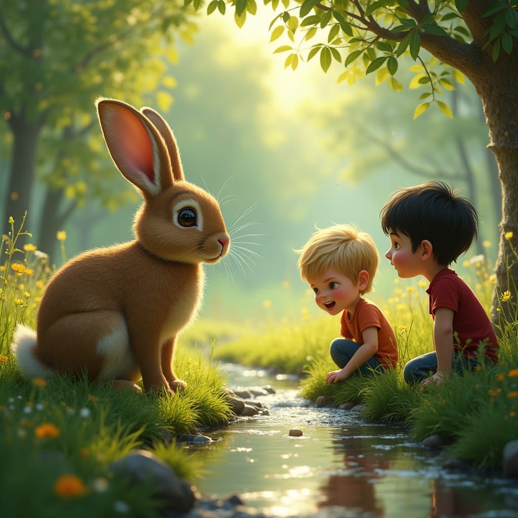 Rabbit Watches Children Argue by Stream, Digital Matte Paint...