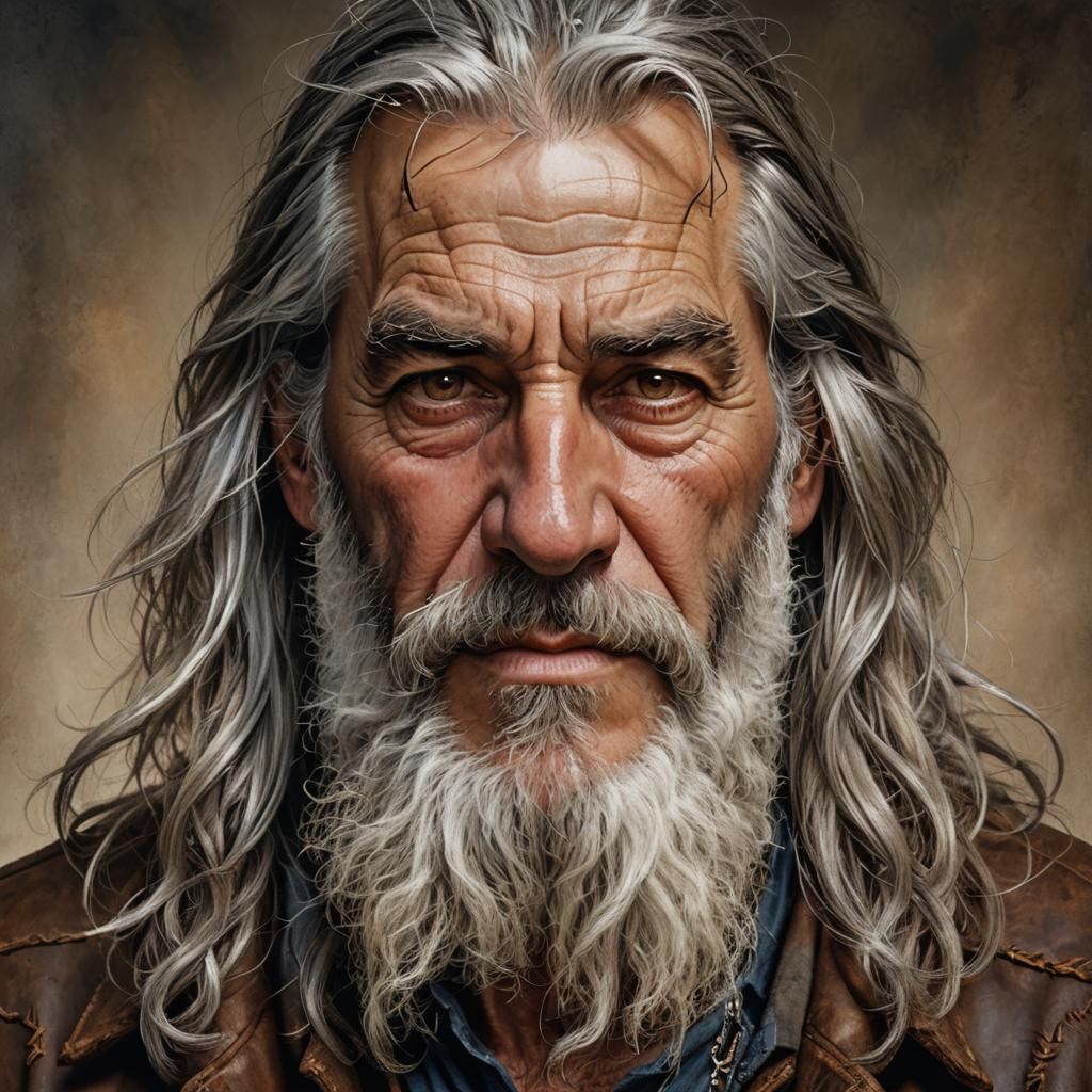 Hyperrealistic Portrait of an Elderly Cowboy Supervillain