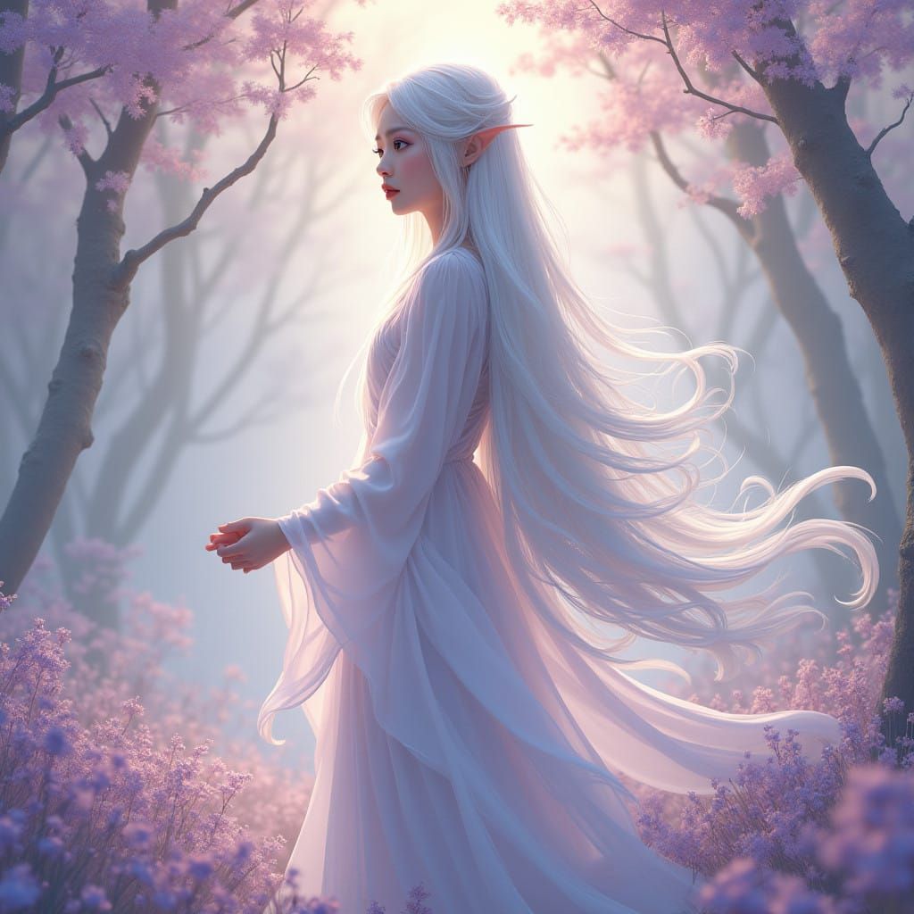 Majestic Asian Elf Woman in Whimsical Woodland Dreamscape