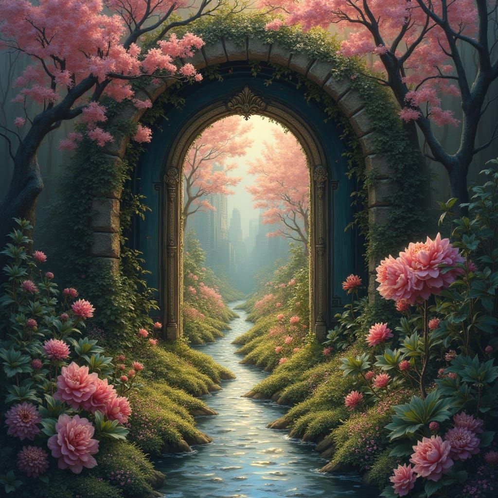 Enchanted Garden Doorway: Hyperrealistic Dreamscape