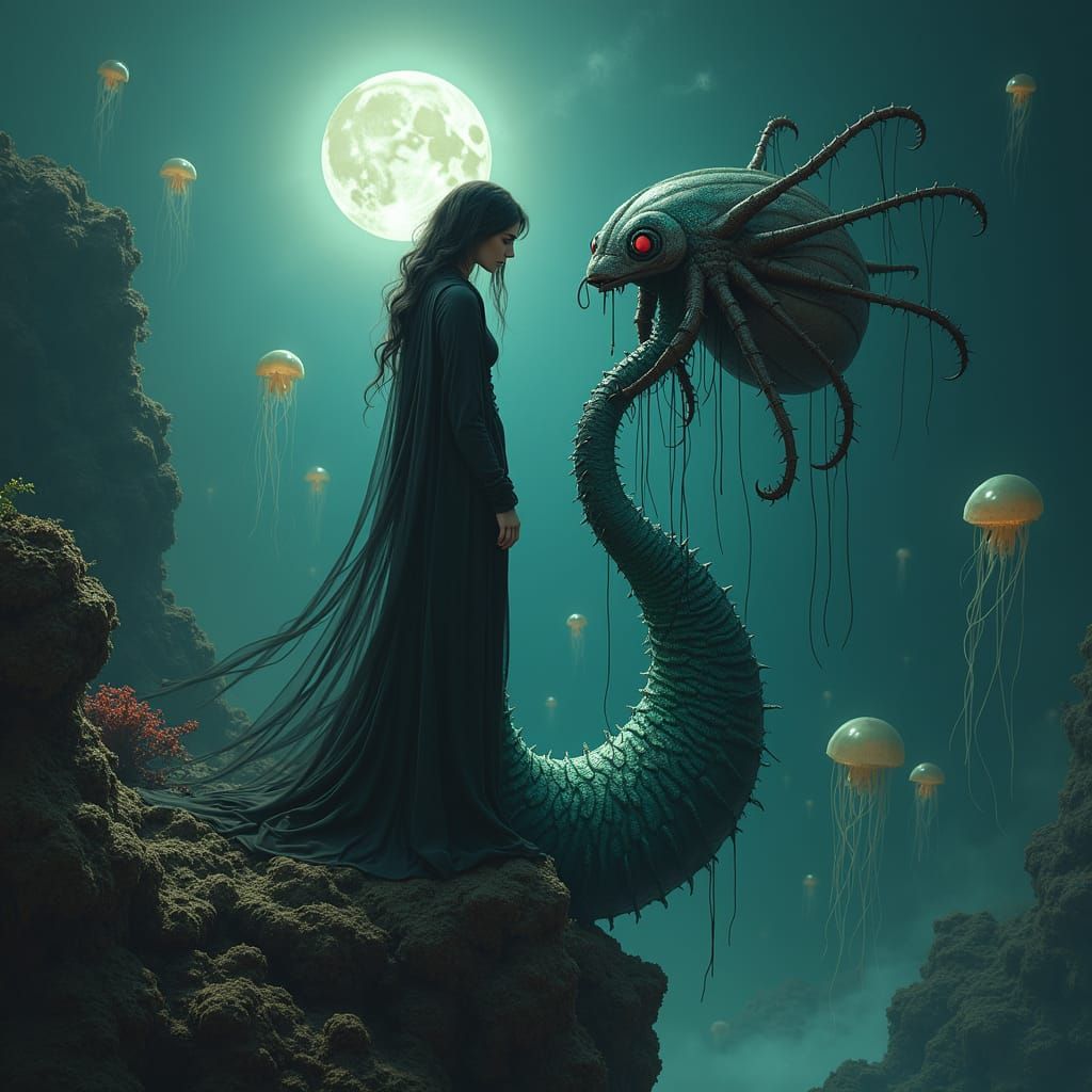 Mystical Mermaid and Beetle Wizard in Dark Fantasy Style