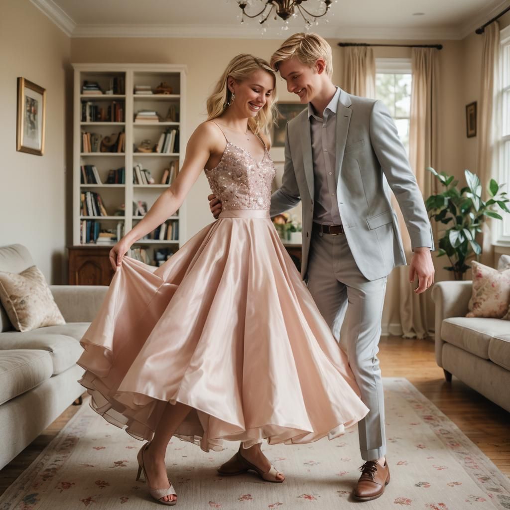 Teen Boy in Prom Dress Curtsies in Living Room