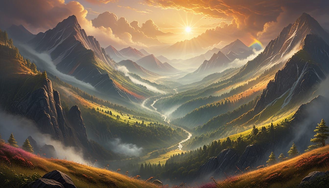 Misty Forest Ridge in Vibrant Oil Painting Style