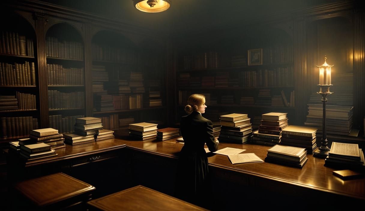 Mysterious Figure at Ornate Desk in Film Noir Style