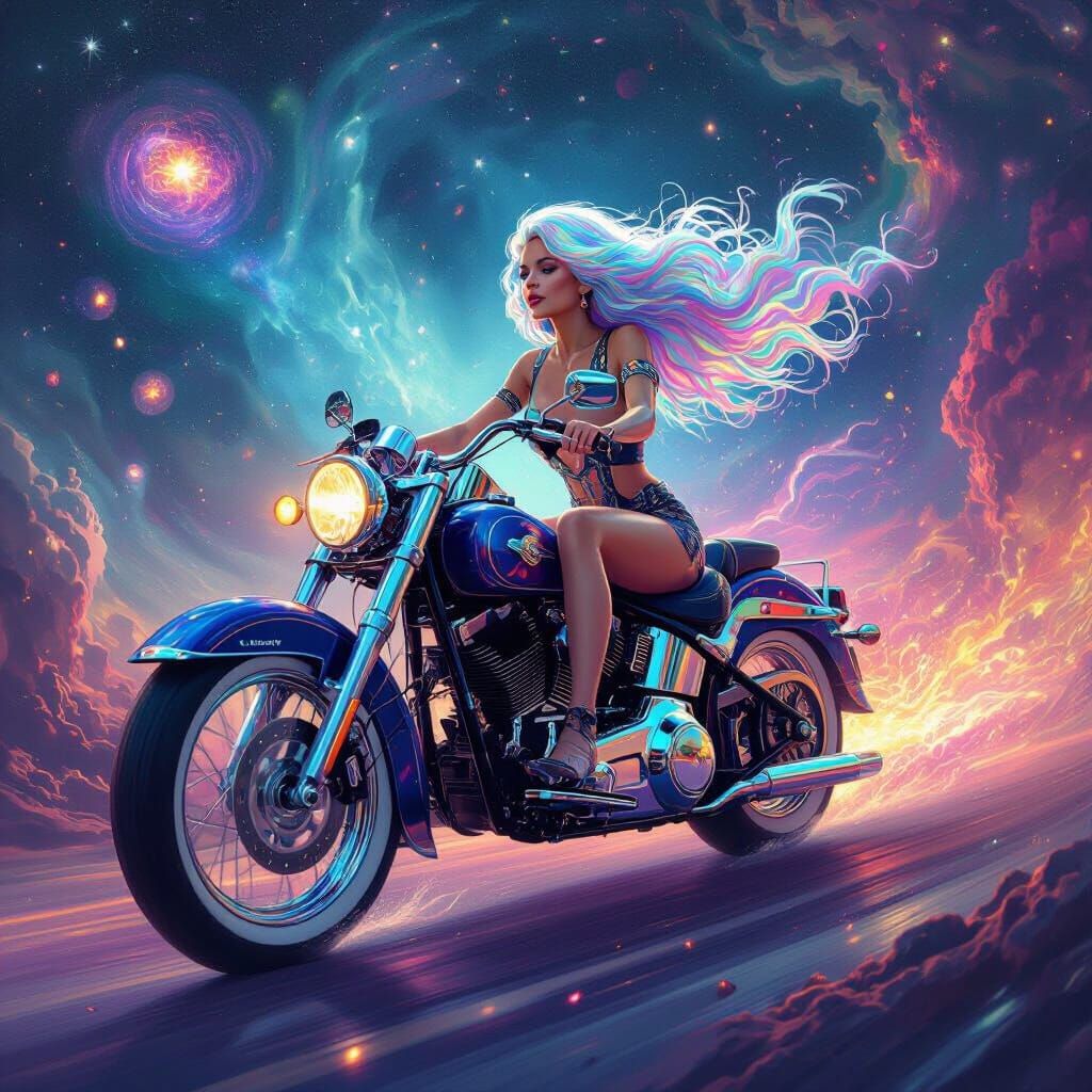 Cosmic Woman Rides Motorcycle Through Nebula in Digital Pain...
