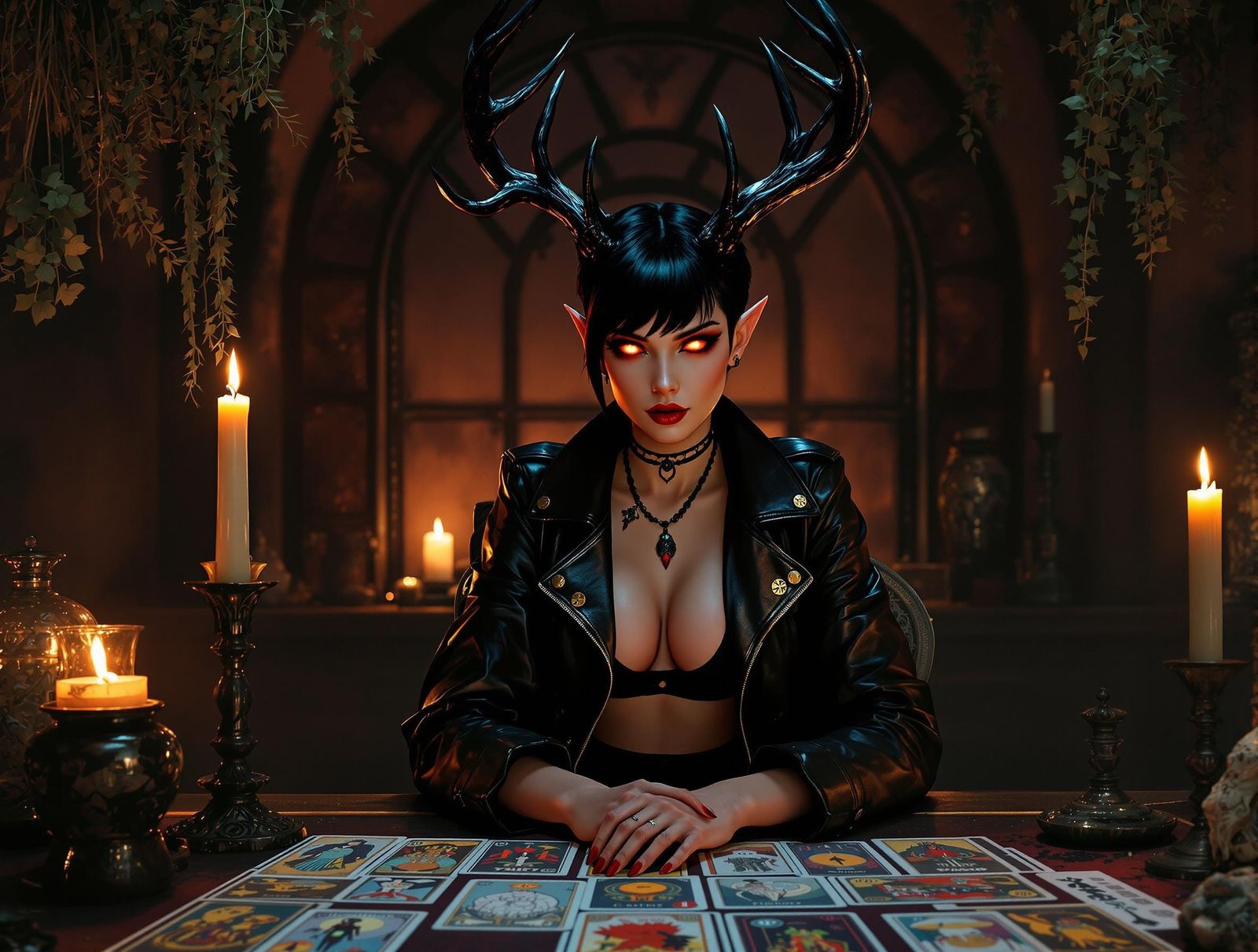 Cinematic Woman with Antlers in Esoteric Setting
