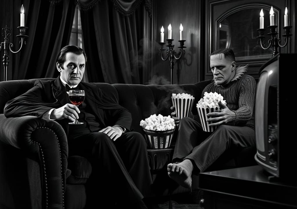 Classic Movie Monsters Enjoy a Cozy Movie Night