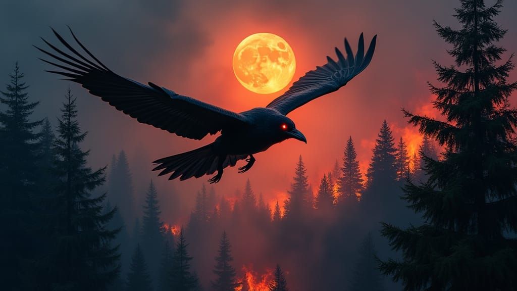 Majestic Raven Soars Above Inferno Landscape