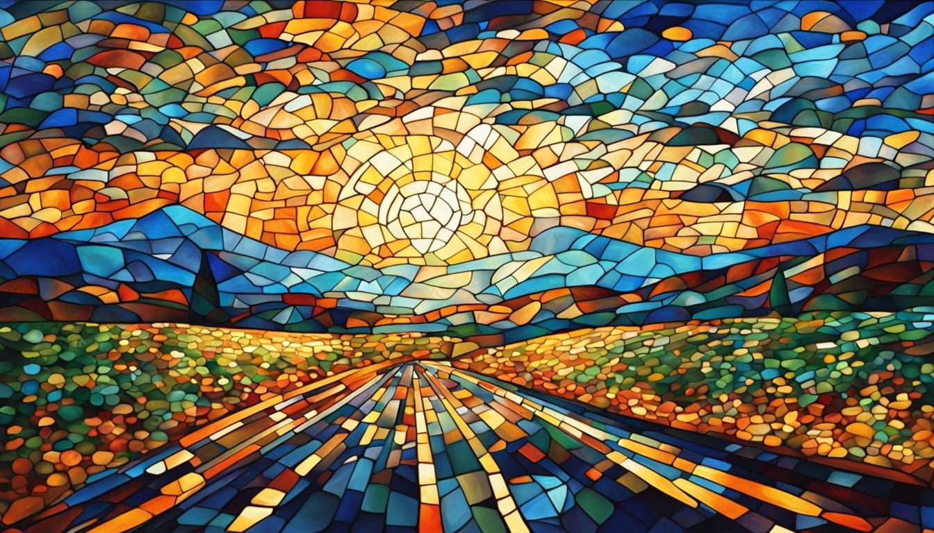 Mosaic Stained Glass Landscape at Sunset