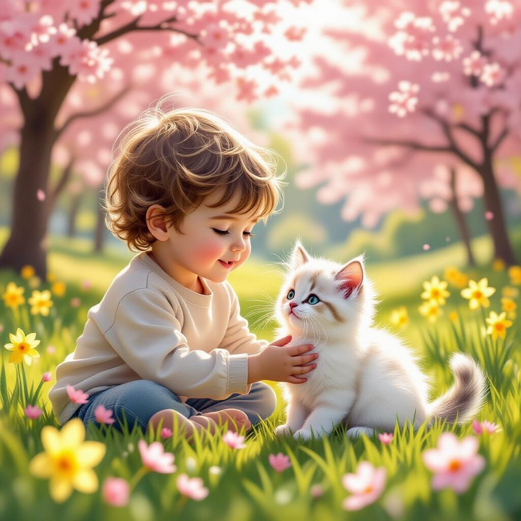 Boy and Kitten in Blooming Spring Park