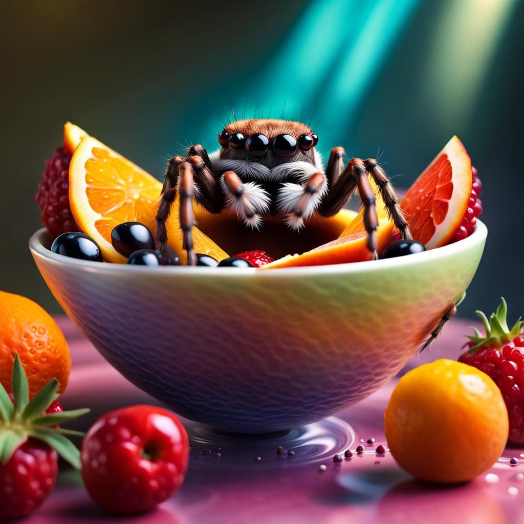 Jumping Spider Enjoys Fruit Salad: Hyperrealistic Splash Art