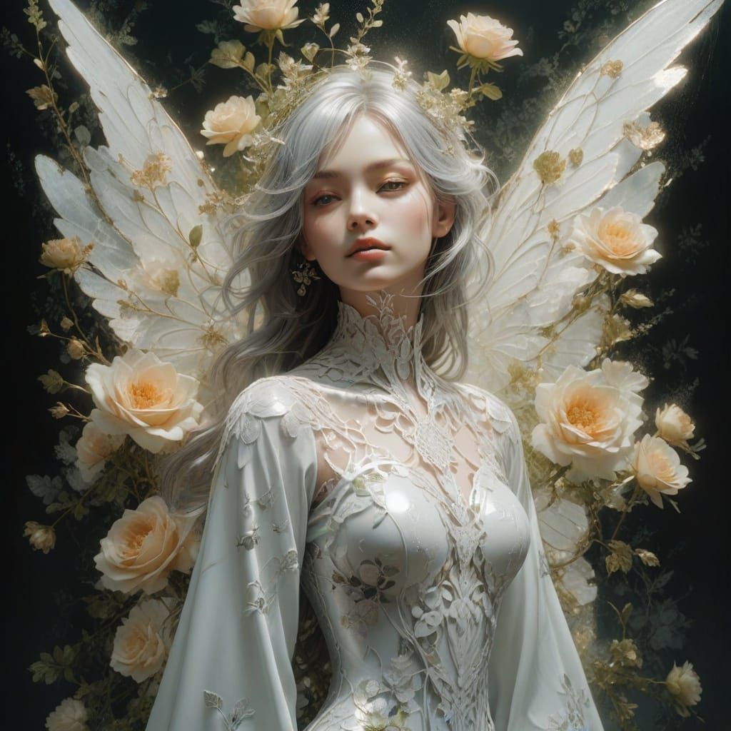 Cyborg Angel with Silver Eyes and Floral Details