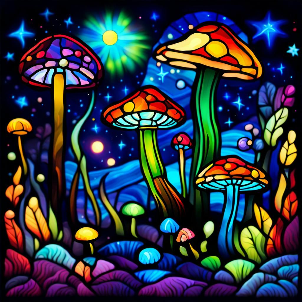 Cosmic Mushroom in Stained Glass with Neon Lights