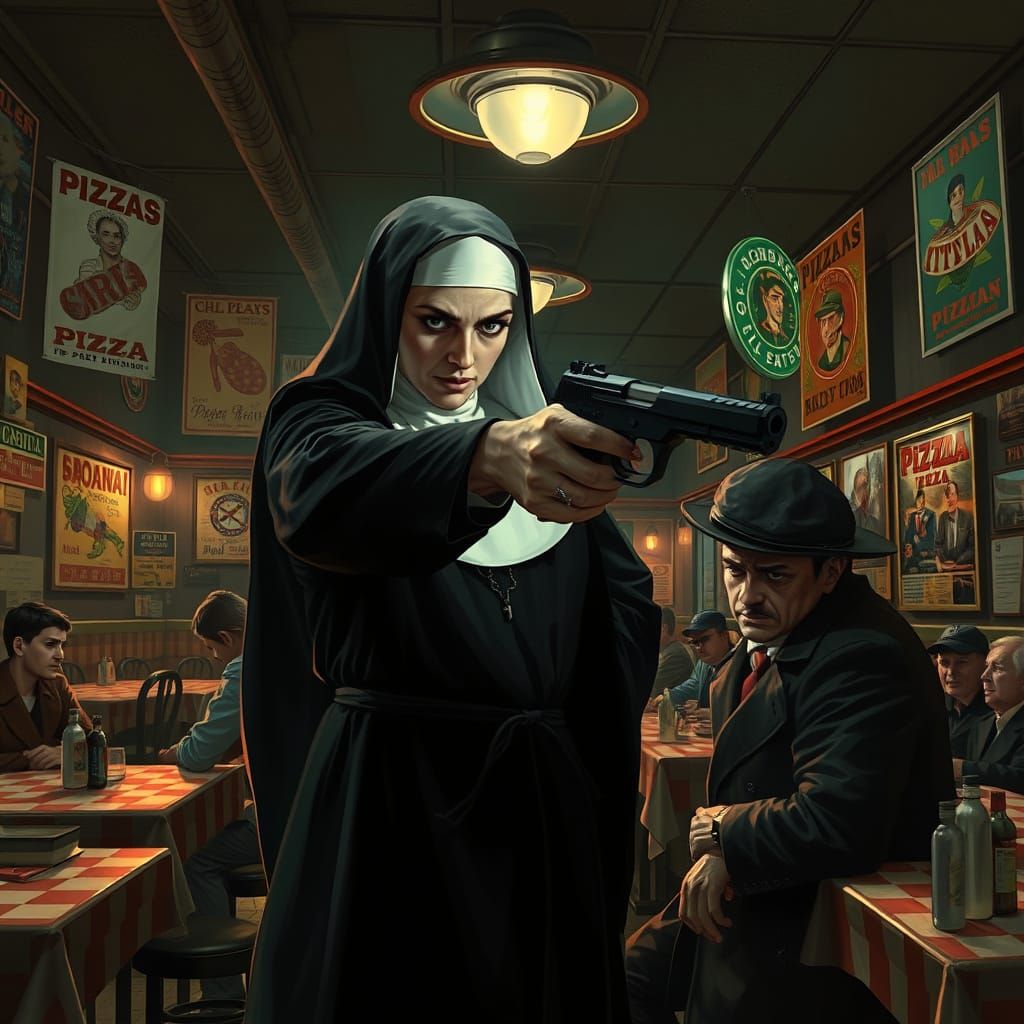Noir Nun Pulling a Pistol in Pizza Parlor