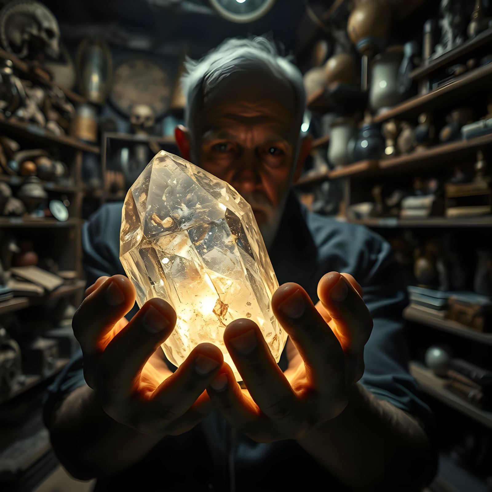 Mysterious Collector Holds Glowing Crystal in Dimly Lit Sanc...
