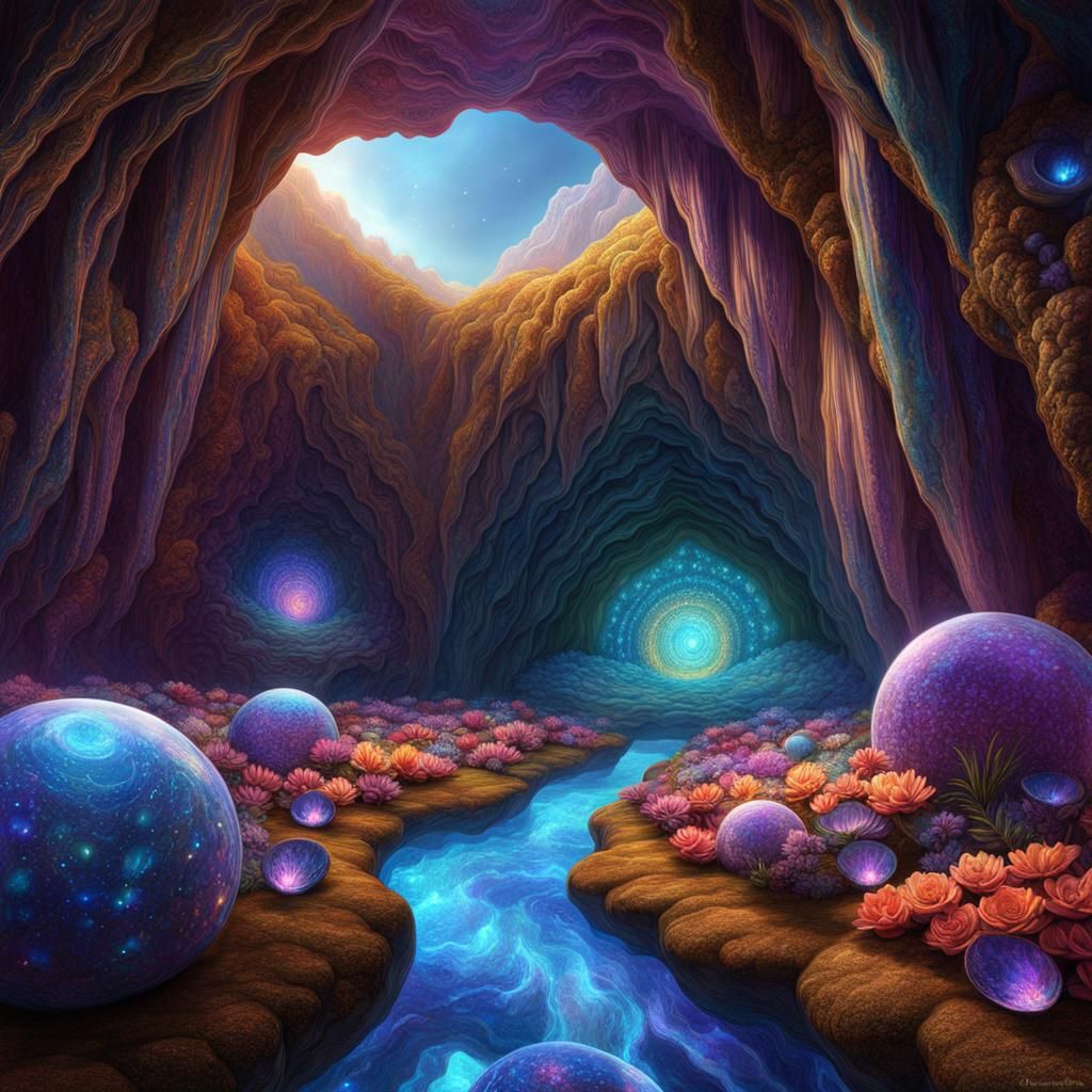 Holographic Geode Cave with Crystal Flowers