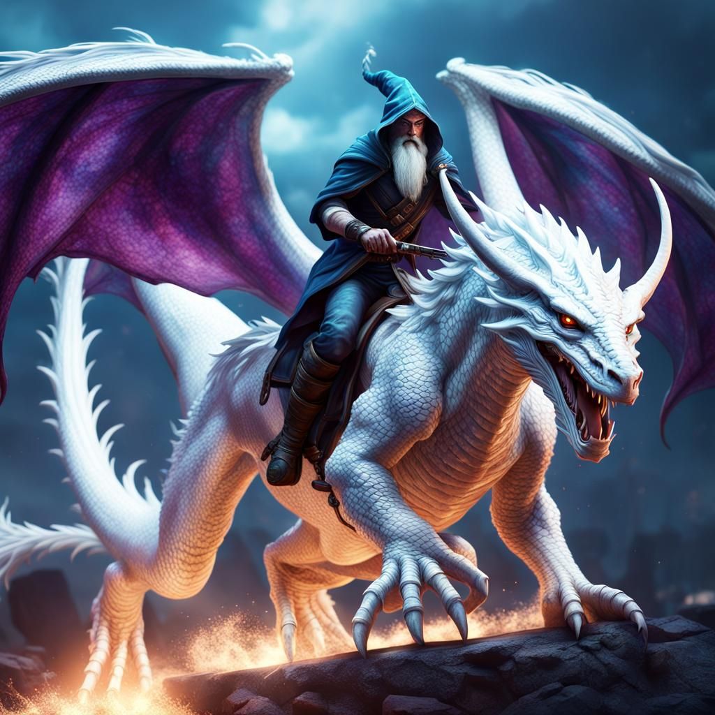 Wizard Riding a White Dragon in Cyberpunk Style