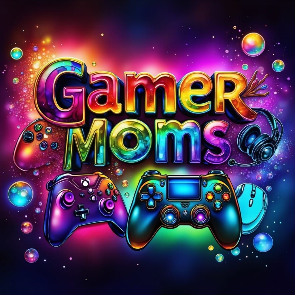Gamer Moms AFK: Bold Neon Gaming Symbols in Cyberpunk Gradie...