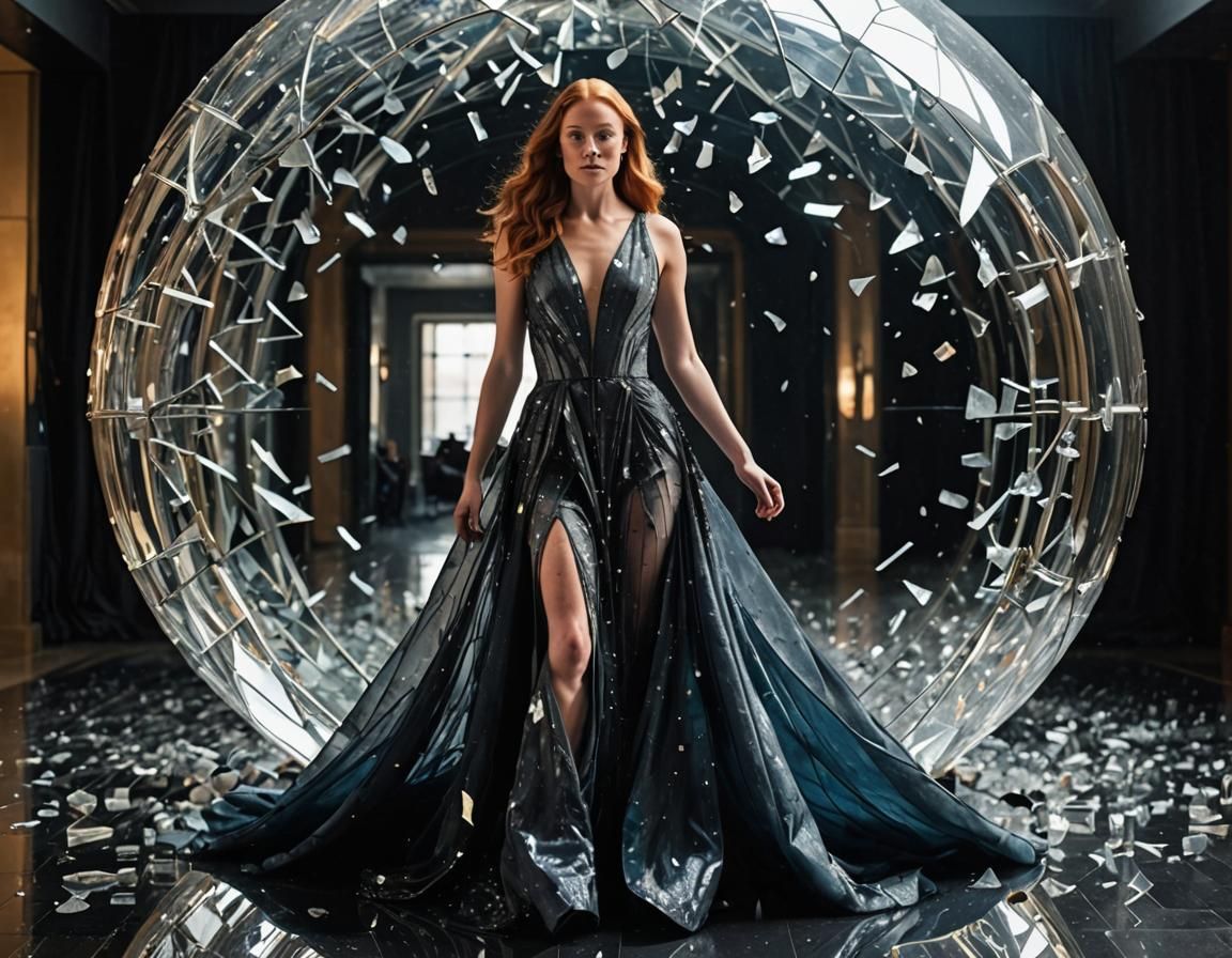 Redhead in Shattered Glass Sphere: Surreal Photorealism
