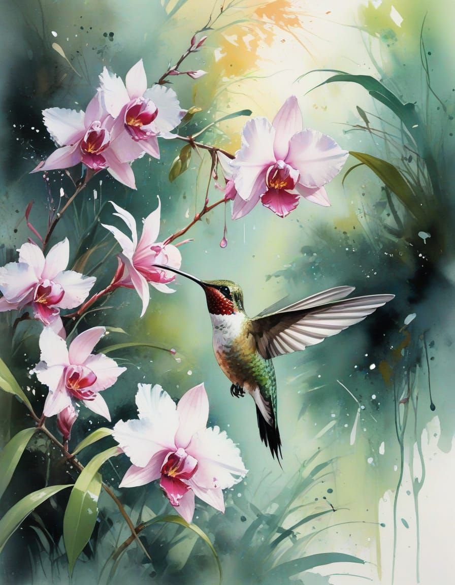 Hummingbird in Peach-Washed Orchid Grove, Watercolor Art