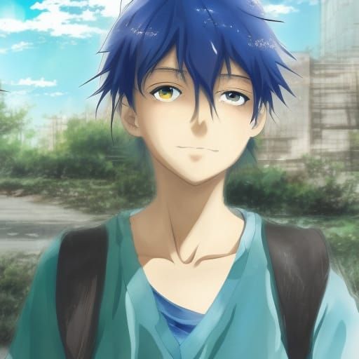 Anime Boy in Post-Apocalyptic City: Watercolor Style