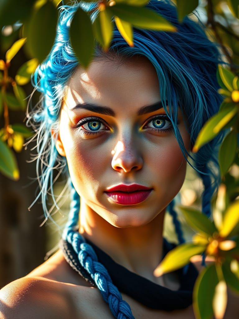 Surreal Blue-Haired Woman Shines in Natural Light