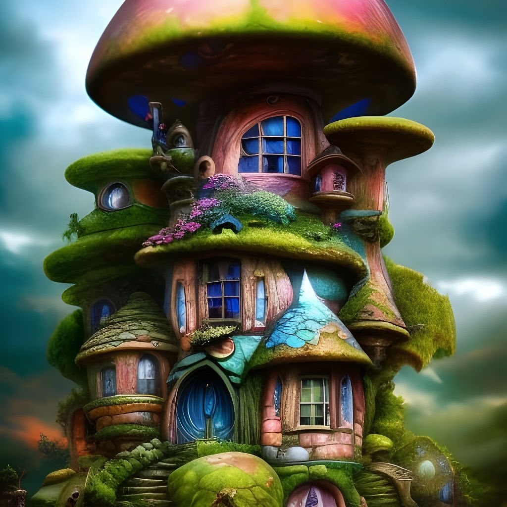 Fantasy Fairy House Carved in Mushroom, Detailed Artwork