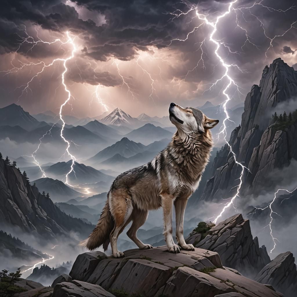 Wolf in Mountains Under Lightning Storm