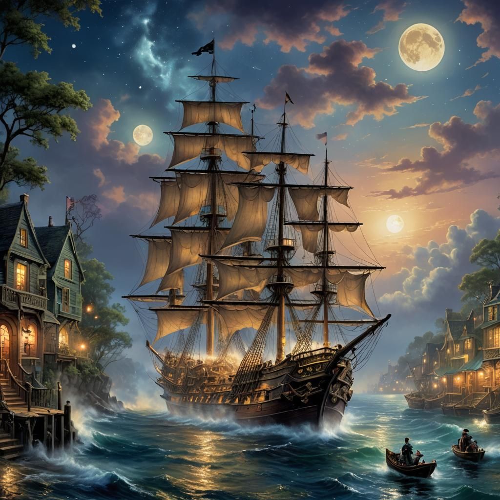 Pirate Ship Sails into Moonlit Sky