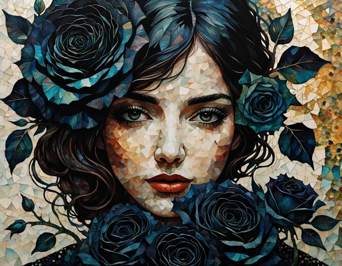 Woman with Black Roses: Alcohol Ink Mosaic Portrait