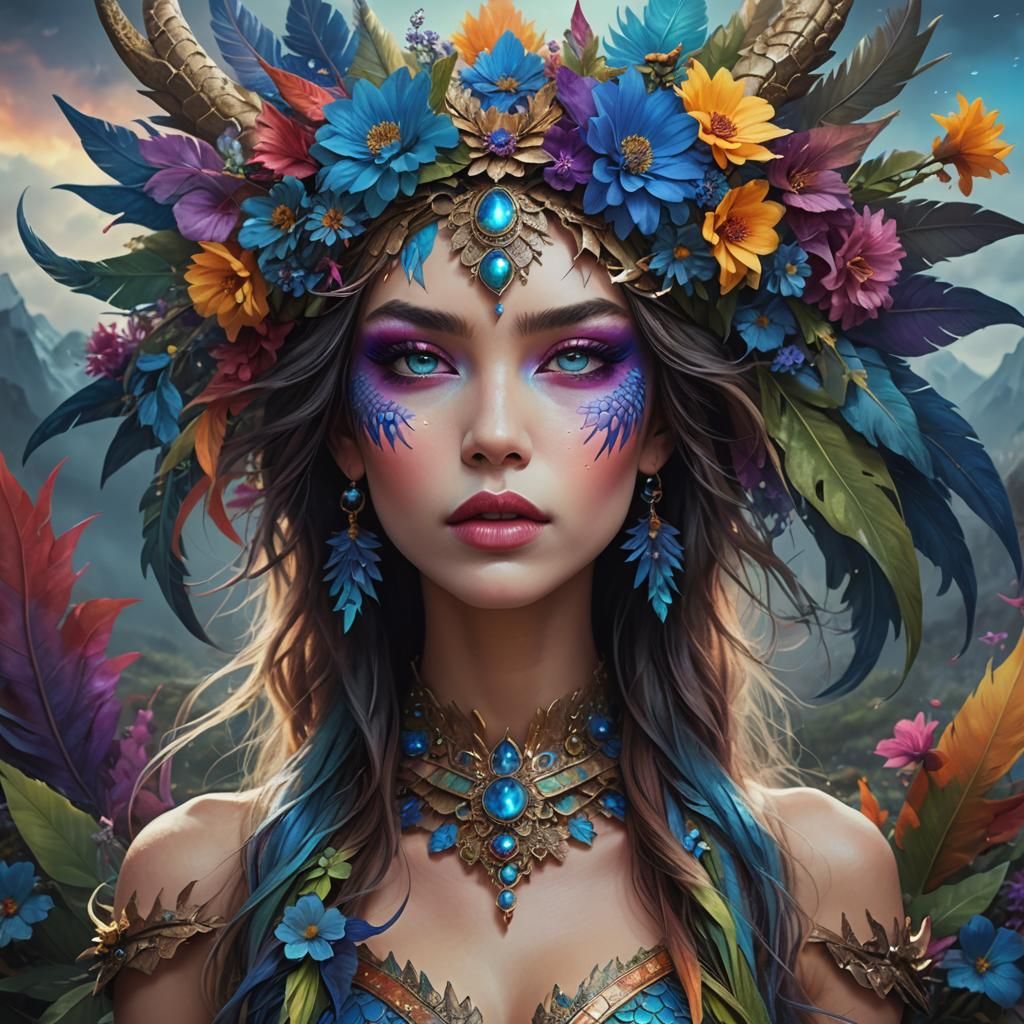 Dragon Feathered Woman with Rainbow Skin, Digital Art