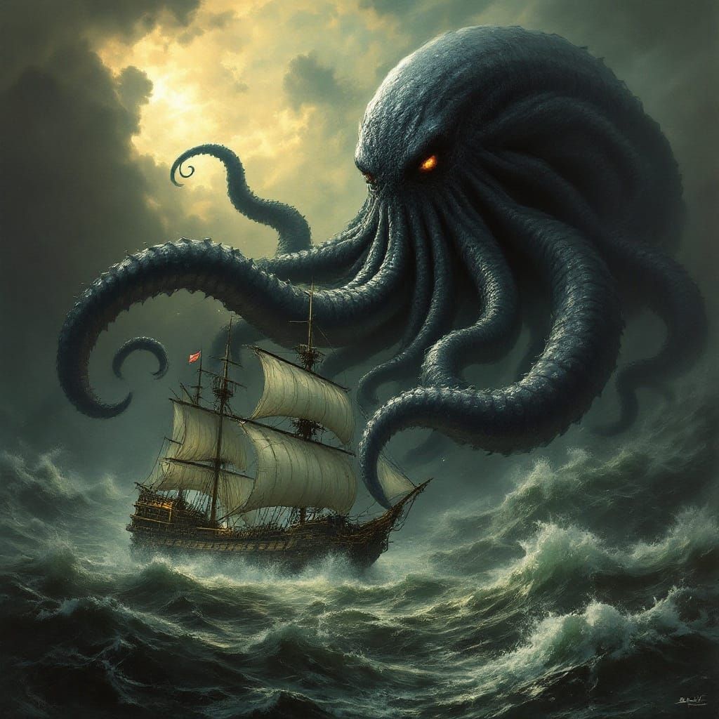 Majestic Kraken Engulfs 17th-Century Galleon in Dark North S...