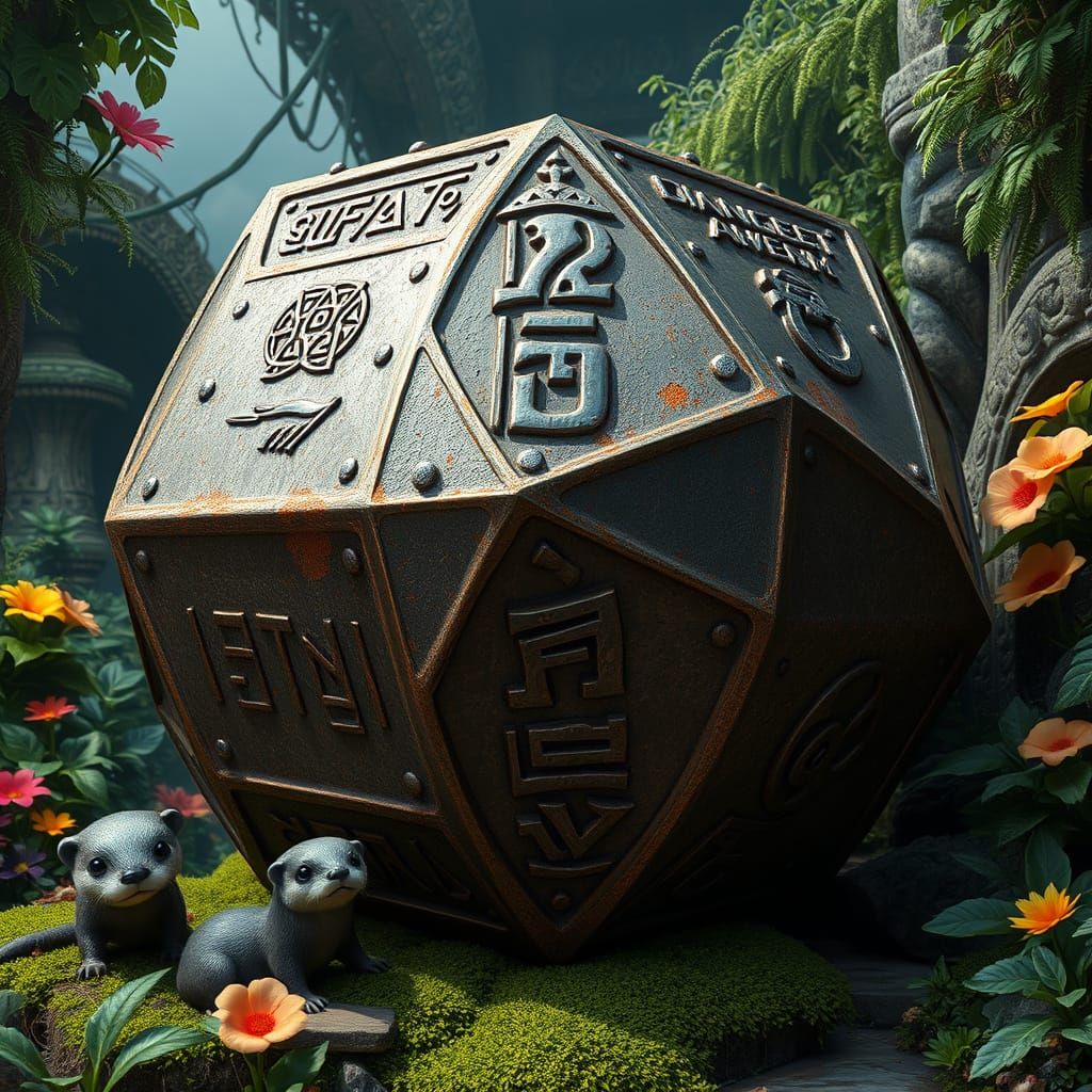Engraved Metal Octahedron in Lush Jungle with Otters