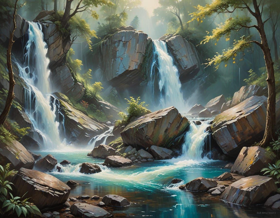 Enchanted Waterfall Oil Painting with Impasto Brushstrokes