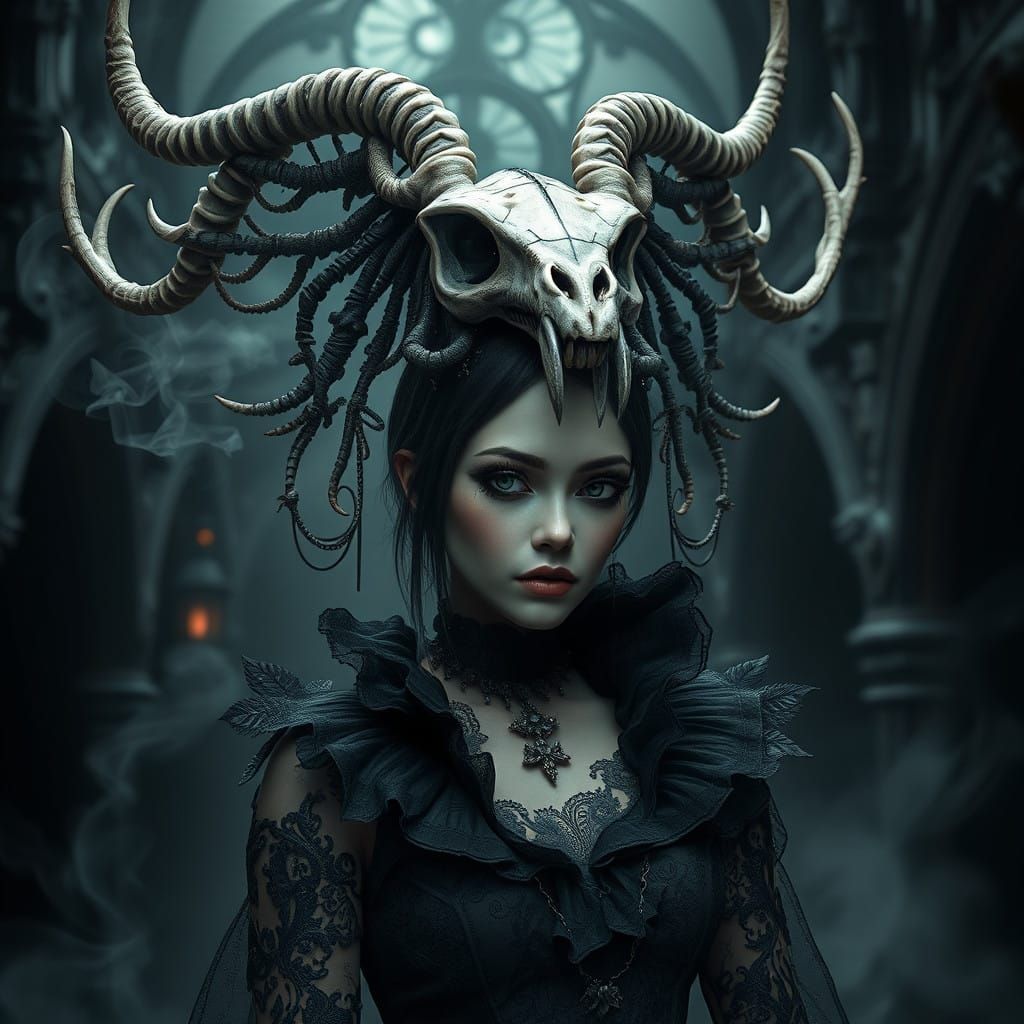Gothic Woman in Dark, Mysterious Attire, with Bony Animal He...
