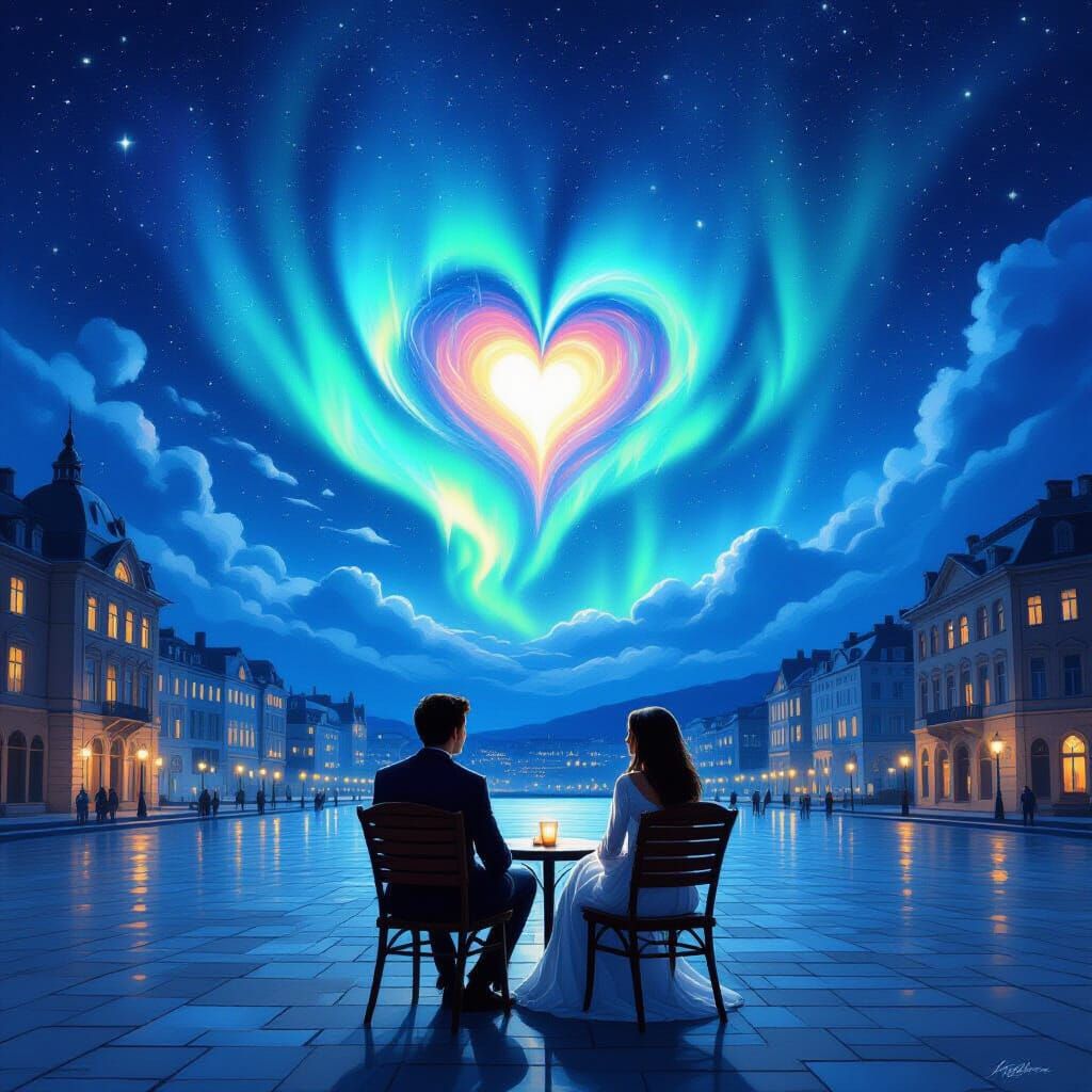 Couple Gazes Under Heart Aurora Borealis in Moonlit Square