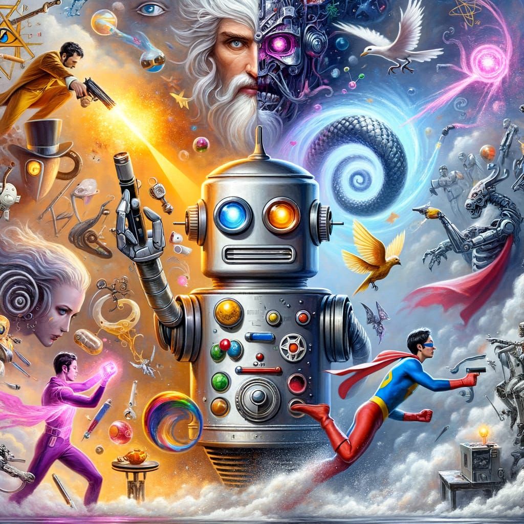 Robot Sidekick Battles Superhero with Alchemical Symbols