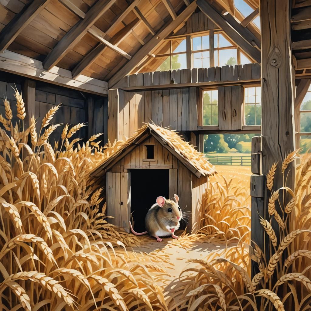 Charming Barn and Mouse in Gouache Style