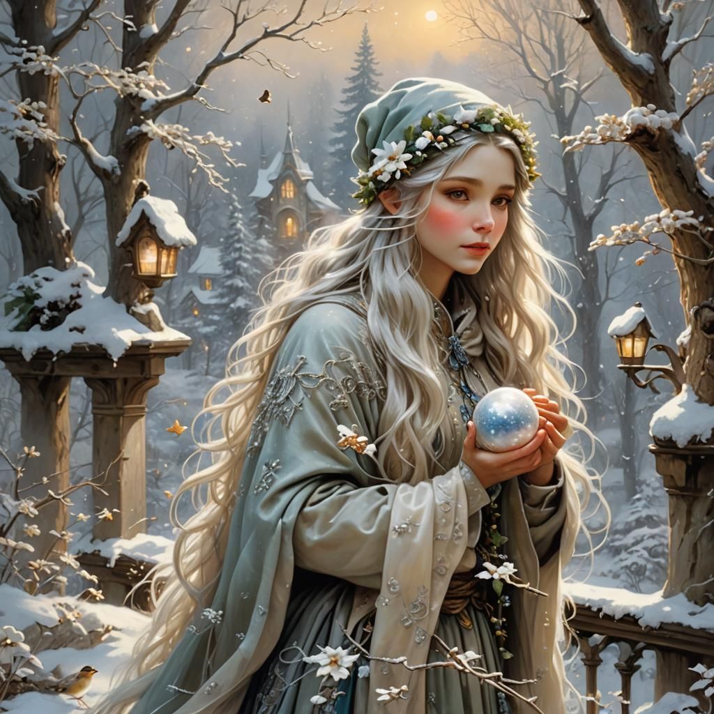 Winter Forest Fairy with Snowball, Dreamy Aesthetic