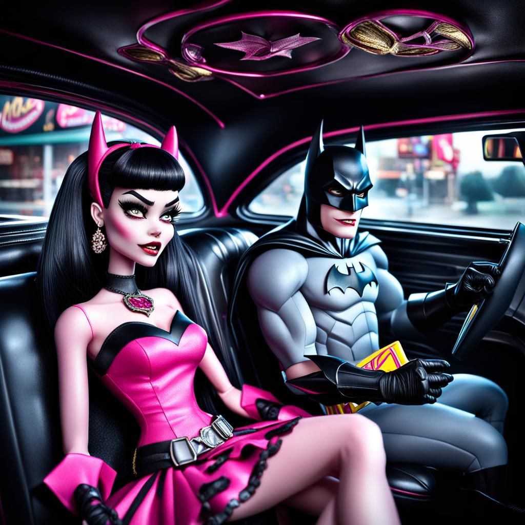 batman and monster high draculaura eating mcdonald’s in the batmobile together (fail?)