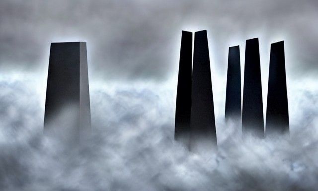 Eerie Black Obelisks Descend Through Clouds