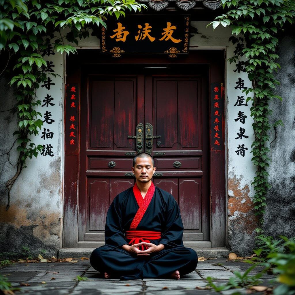 Thai Man Meditates by Doorway in Abandoned Garden