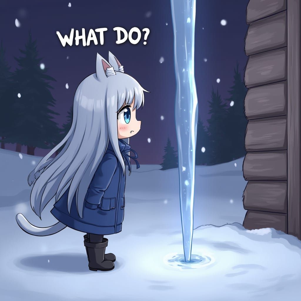 Adorable Anime Catgirl with Icicle in Moody Winter Night