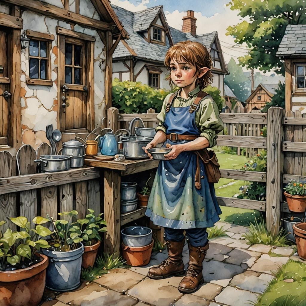 Halfling Dishwasher in Watercolor, D&D Setting