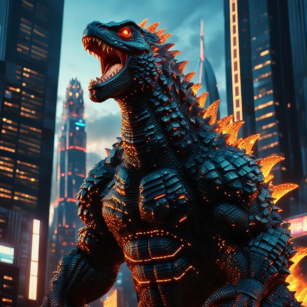 Godzilla Roars in Futuristic City: Cinematic Digital Art