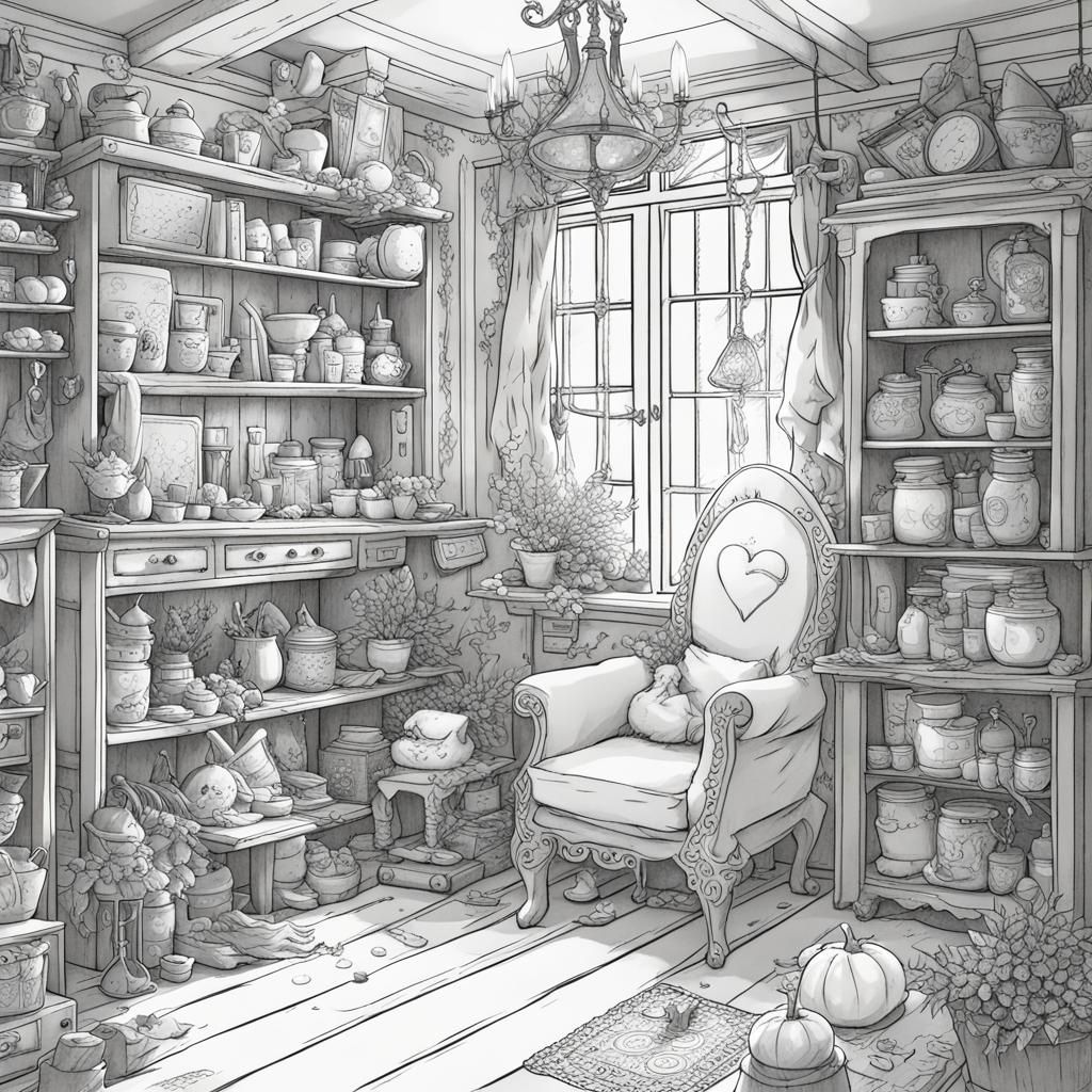 Cute Witch Interior Coloring Page in Anime Style