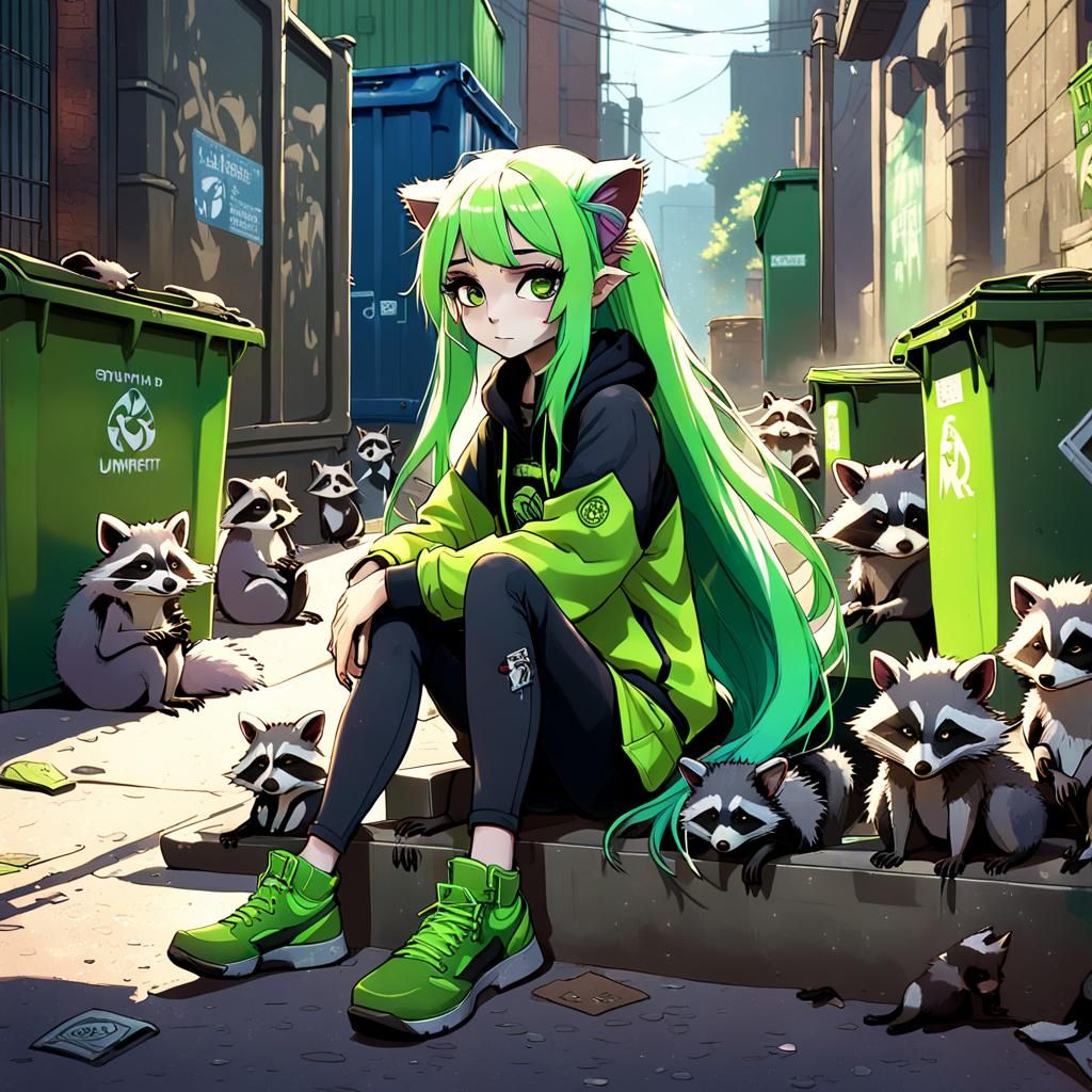 Anime Girl in Alley with Raccoons: Detailed Matte Painting